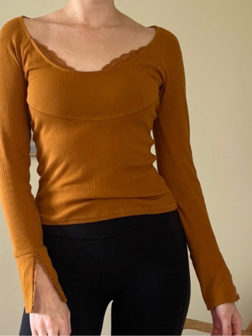 Free People Ribbed Scoop Lace-Trim Long Sleeve Top in burnt orange